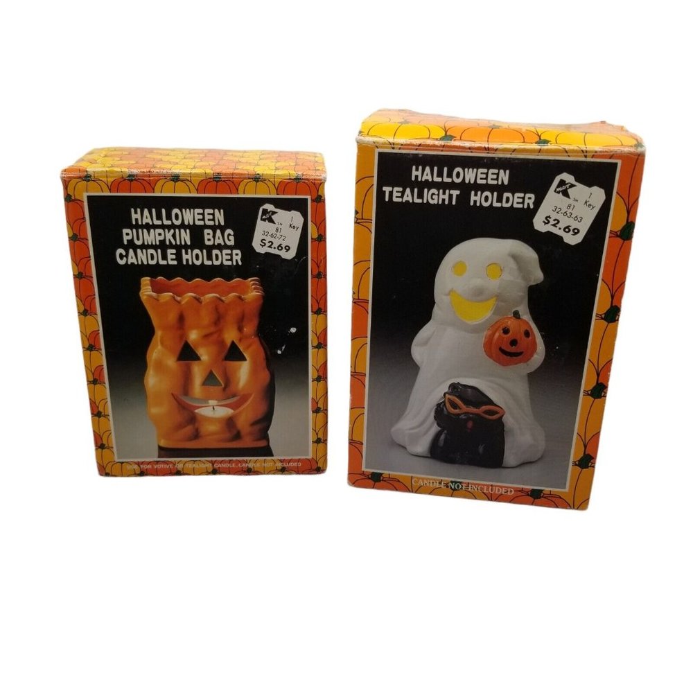 Vintage Kmart Halloween Tea Light Holders Ghost Black Cat and Pumpkin Luminary